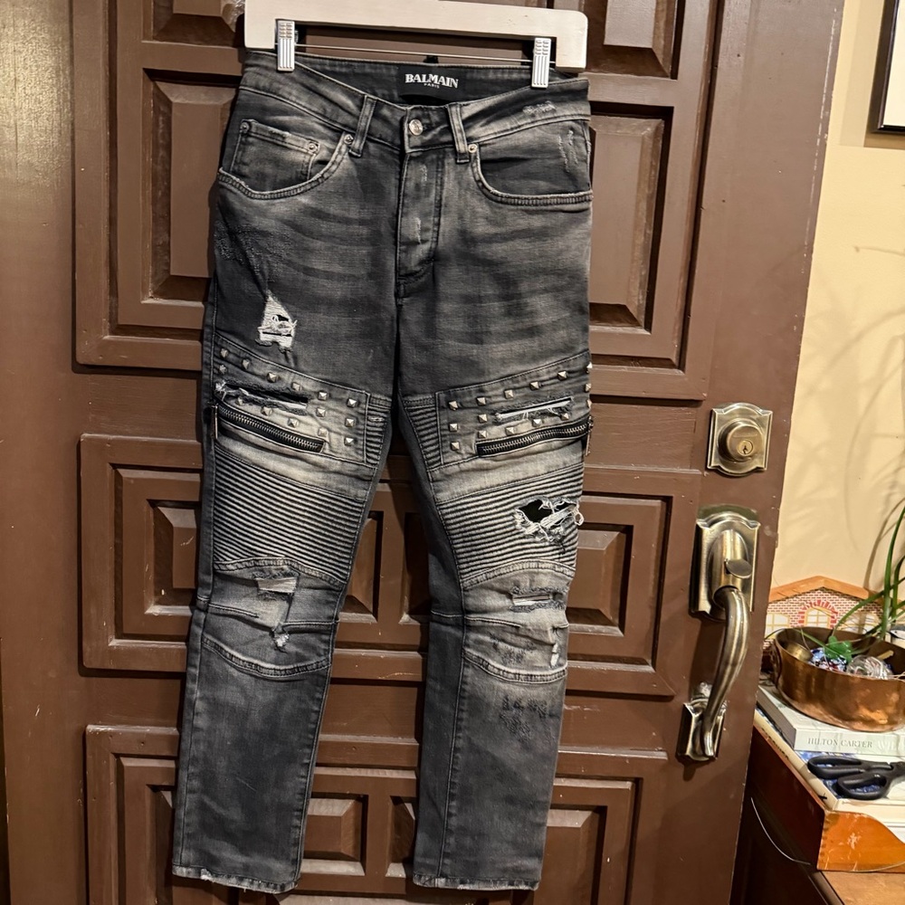 Balmain Men's Slim Straight Distressed Black Gray Jeans